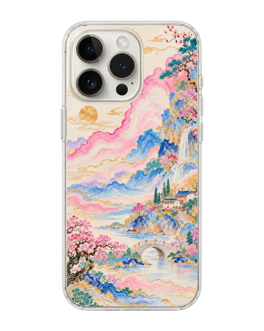 Coque de téléphone transparente illustrée d'un paysage peint : montagnes bleues, nuages roses et cerisiers en fleurs rehaussés d'or